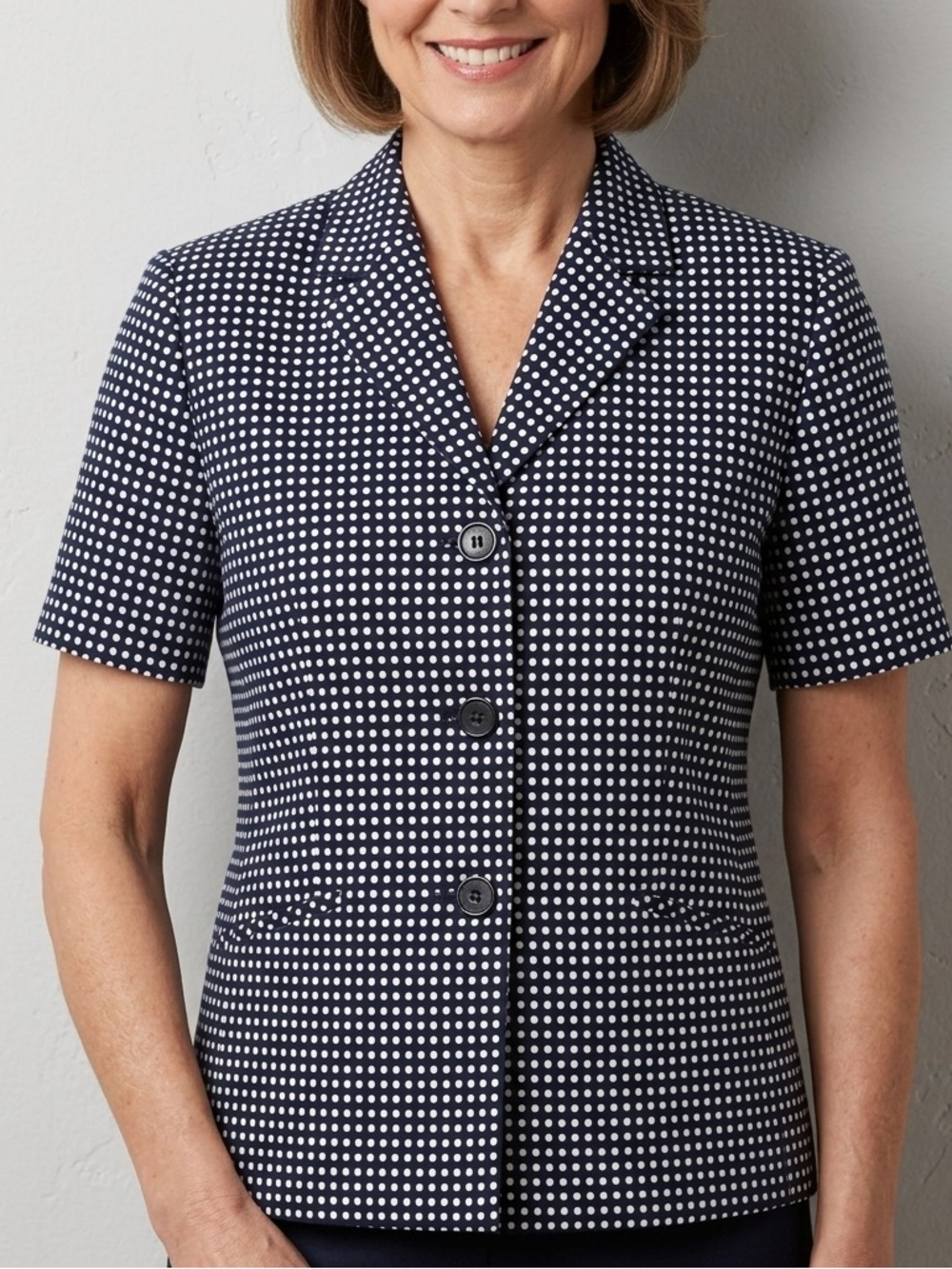 Alfred Dunner Short Sleeve Lined Jacket Blazer Top Navy Blue White Polka Dot 6P